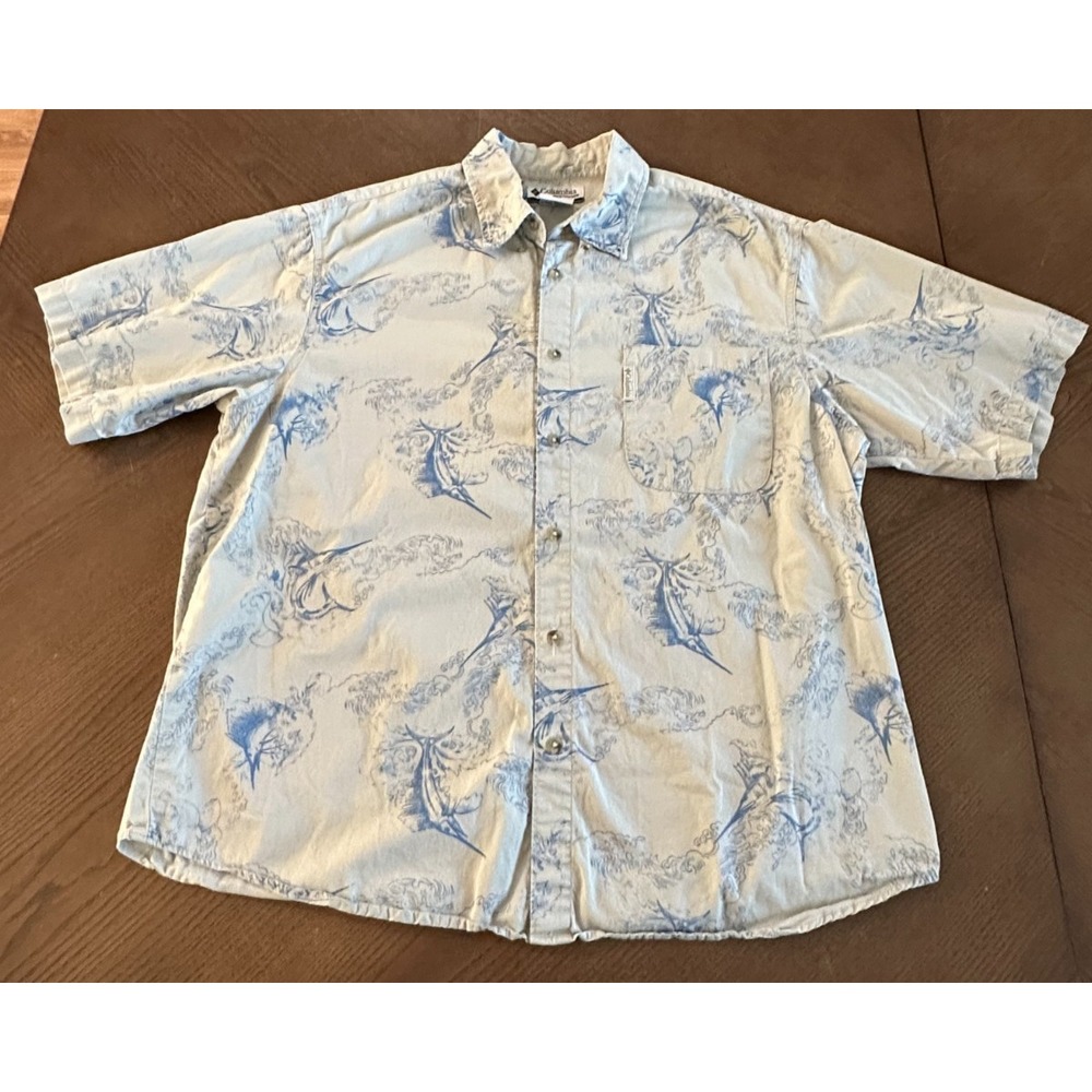 Columbia Mens Sail Fish Shirt Sz XL Blue Gray Hawaiian Button Up Marlin FL